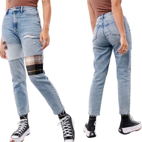 Hollister Ultra High Rise Acid Wash Ripped Patch Mom Jean Vintage Stretch - Picture 1 of 12